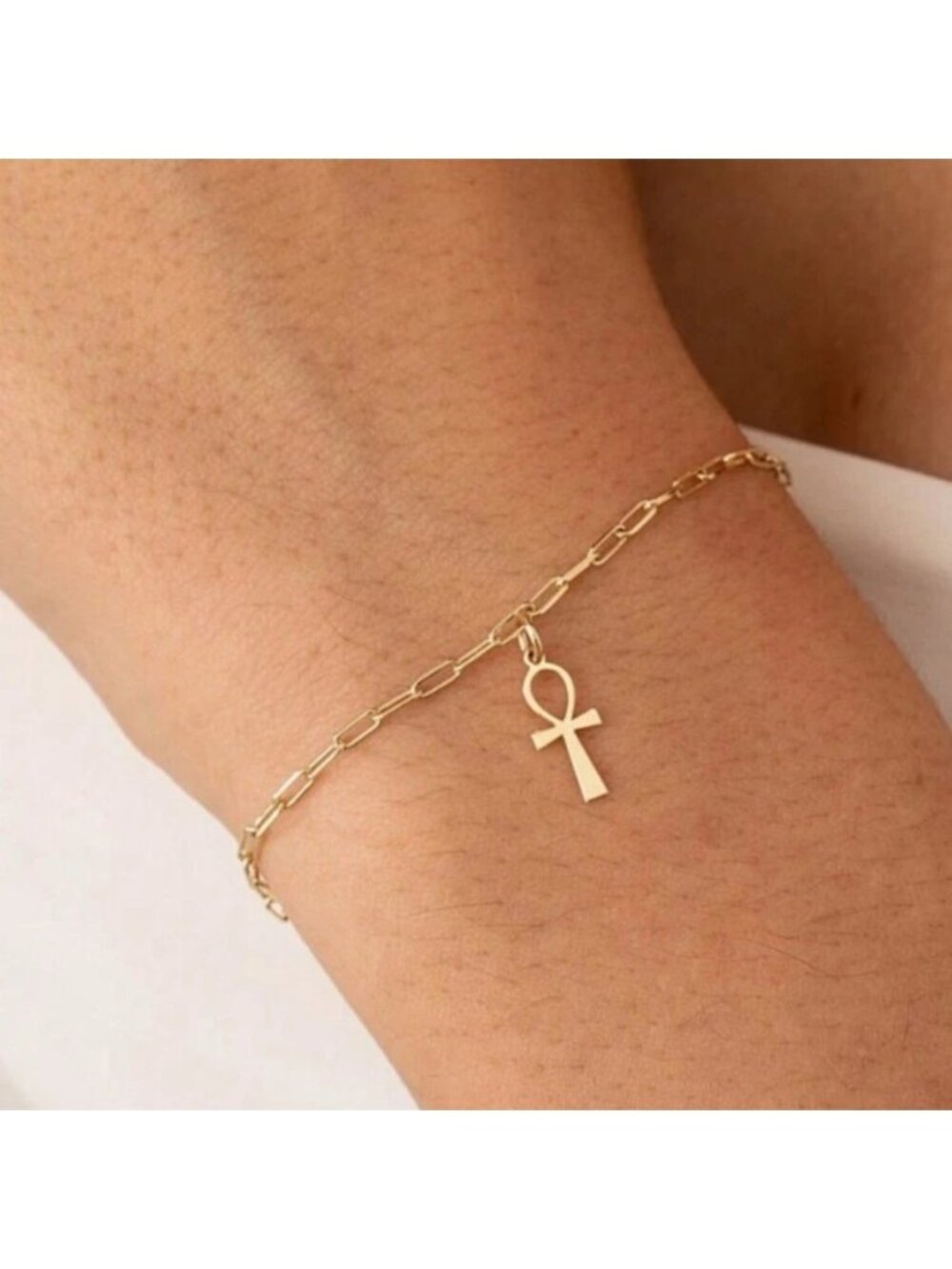 Gold Plated Stainless Steel Ankh Paperclip Bracelet